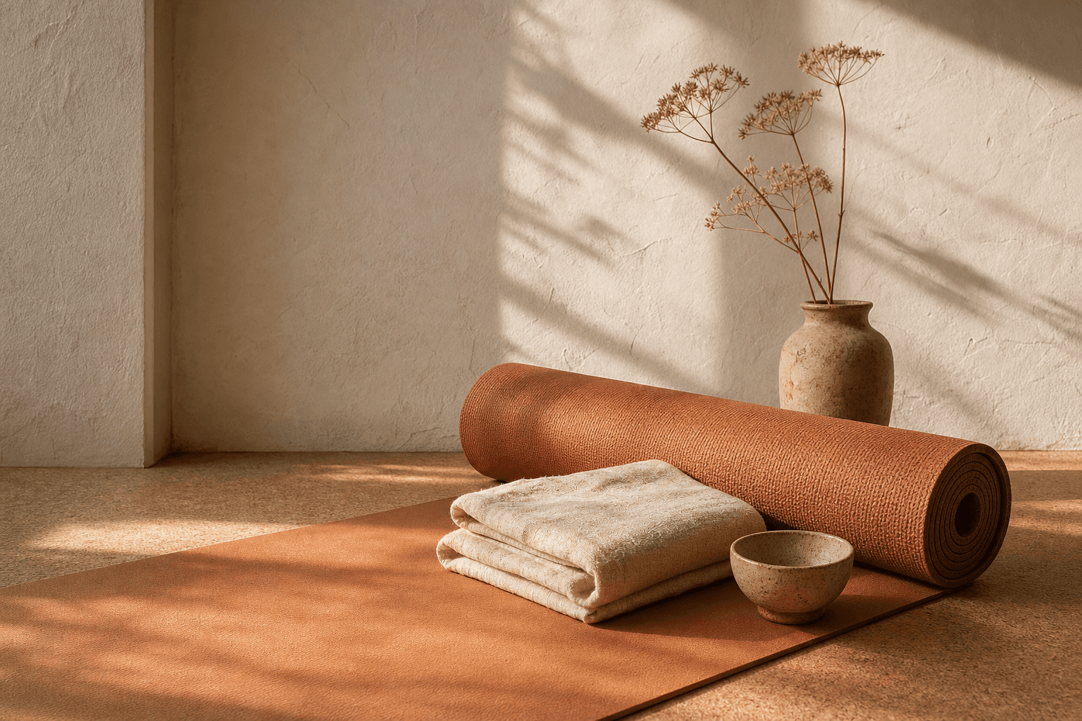 A quiet yoga practice setup in warm morning light.