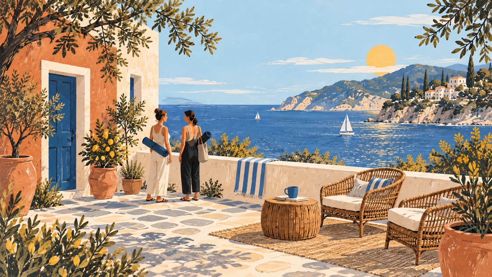 Original illustration of a fictional coastal terrace, two people carrying yoga mats, lemon trees and a blue sea.