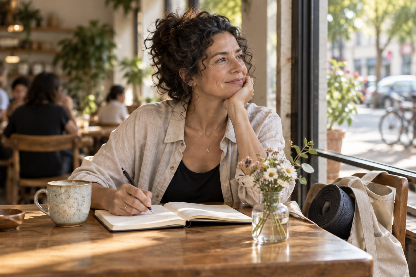 Illustrative scene of an adult planning in a notebook at a café table beside a rolled yoga mat.